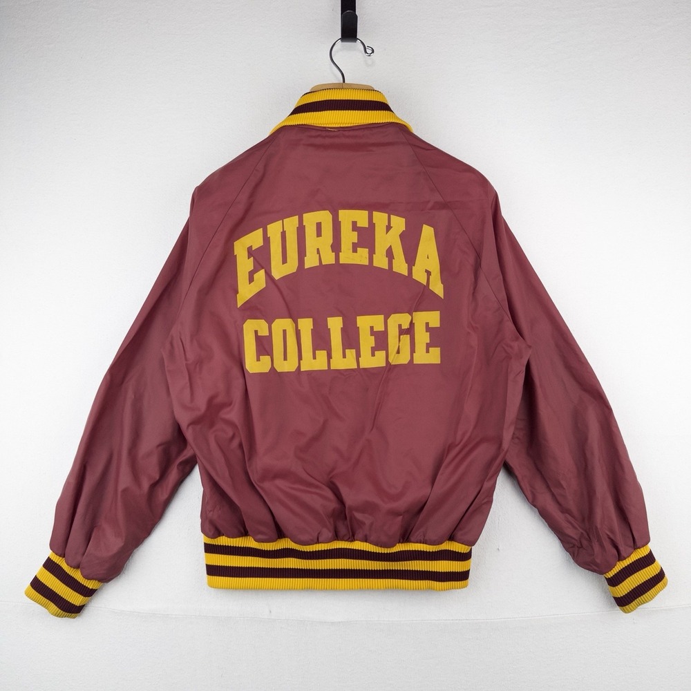 70's Vtg Champion Eureka College Nylon Varsity Jacket Medium Snap Front Made USA